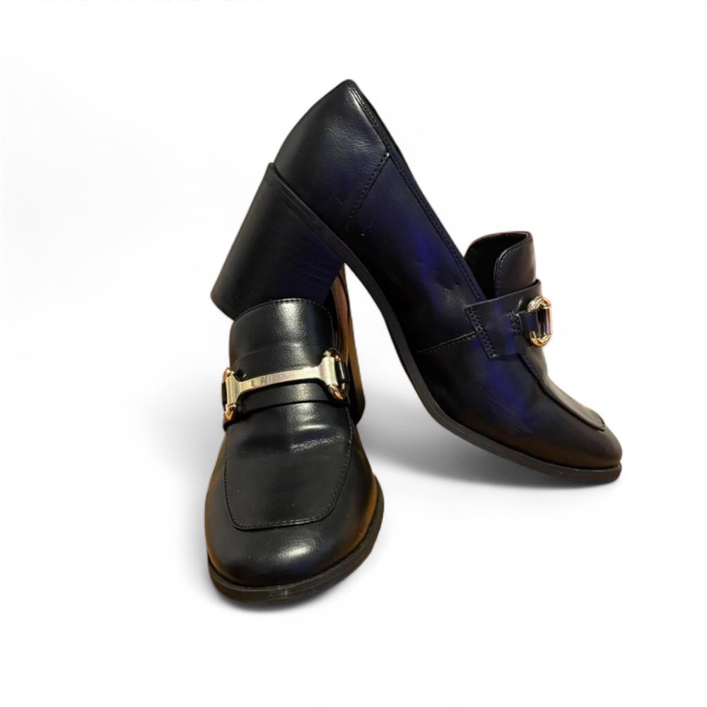 Classic Black Leather Block Heel Loafers